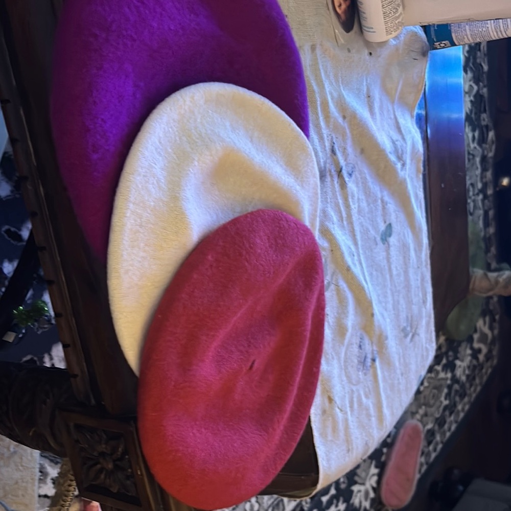 Set of Three Berets in Pink, White, and Purple